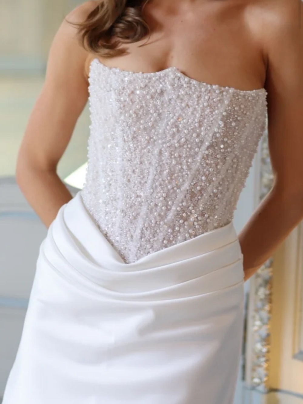 Rosie Etienne Dress- Strapless Beaded White Wedding Dress with Draped Waist